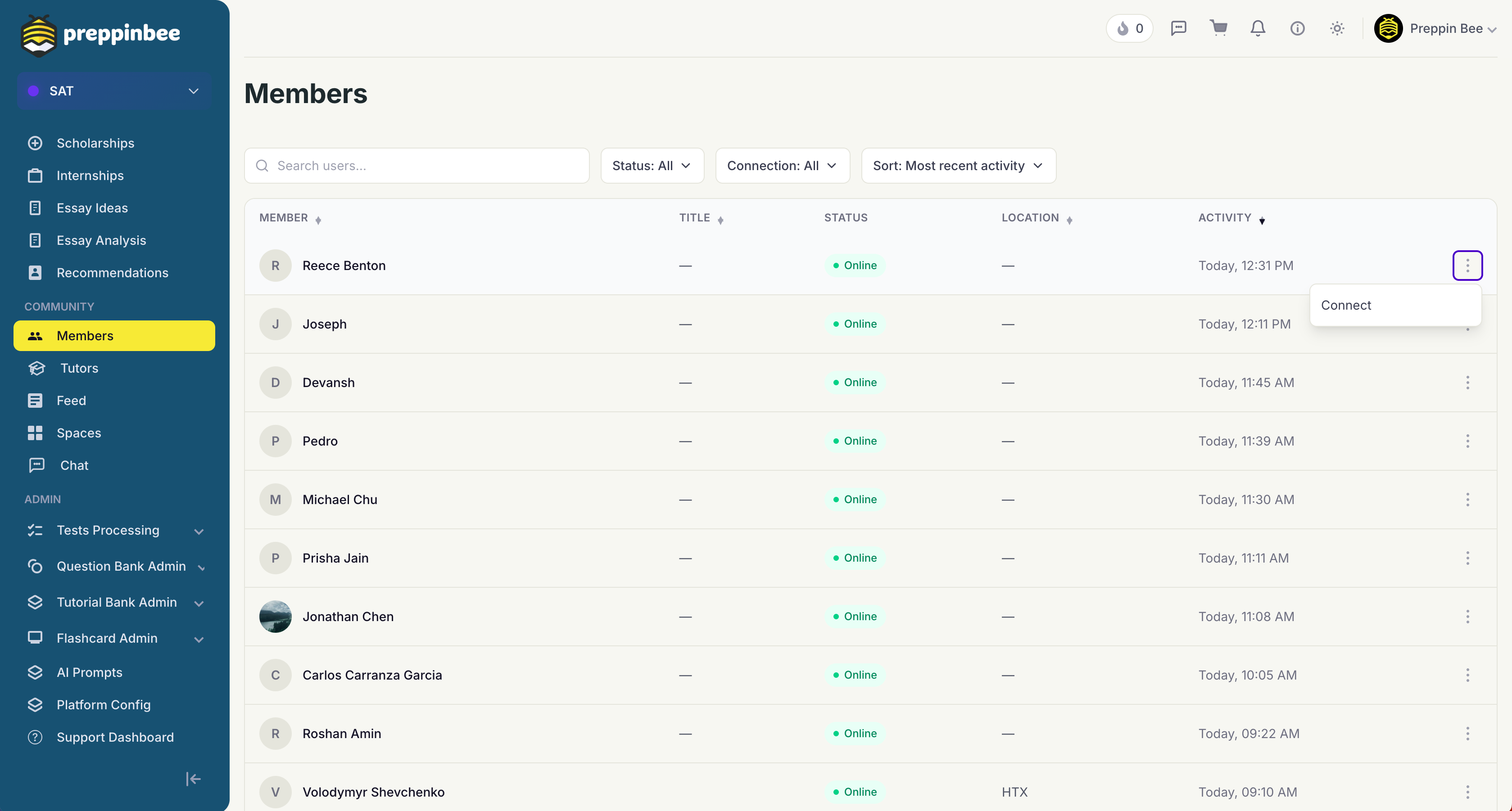 Preppinbee community members directory with online status and connect options