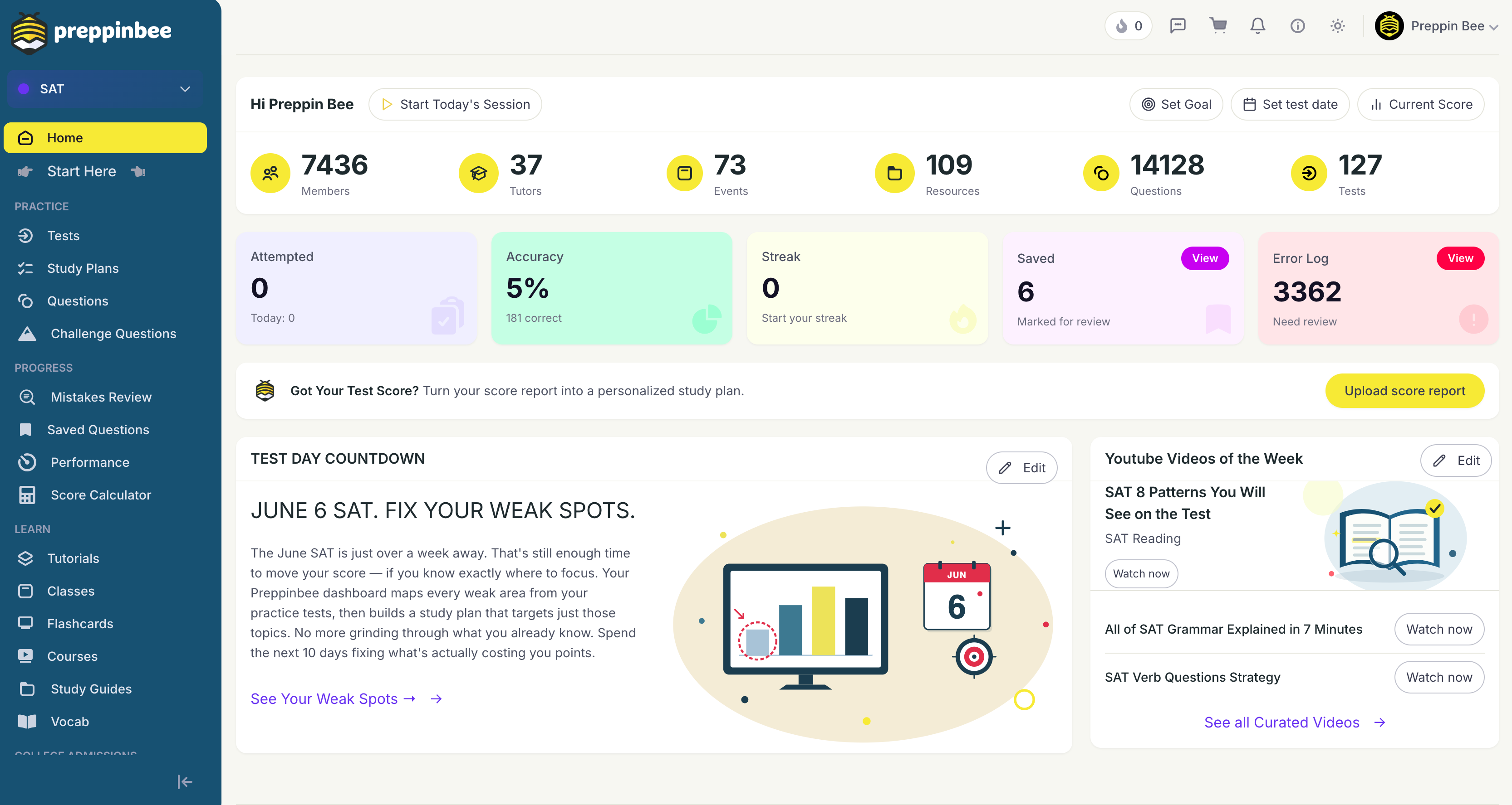 Preppinbee SAT dashboard showing study stats, streak, and test-day countdown