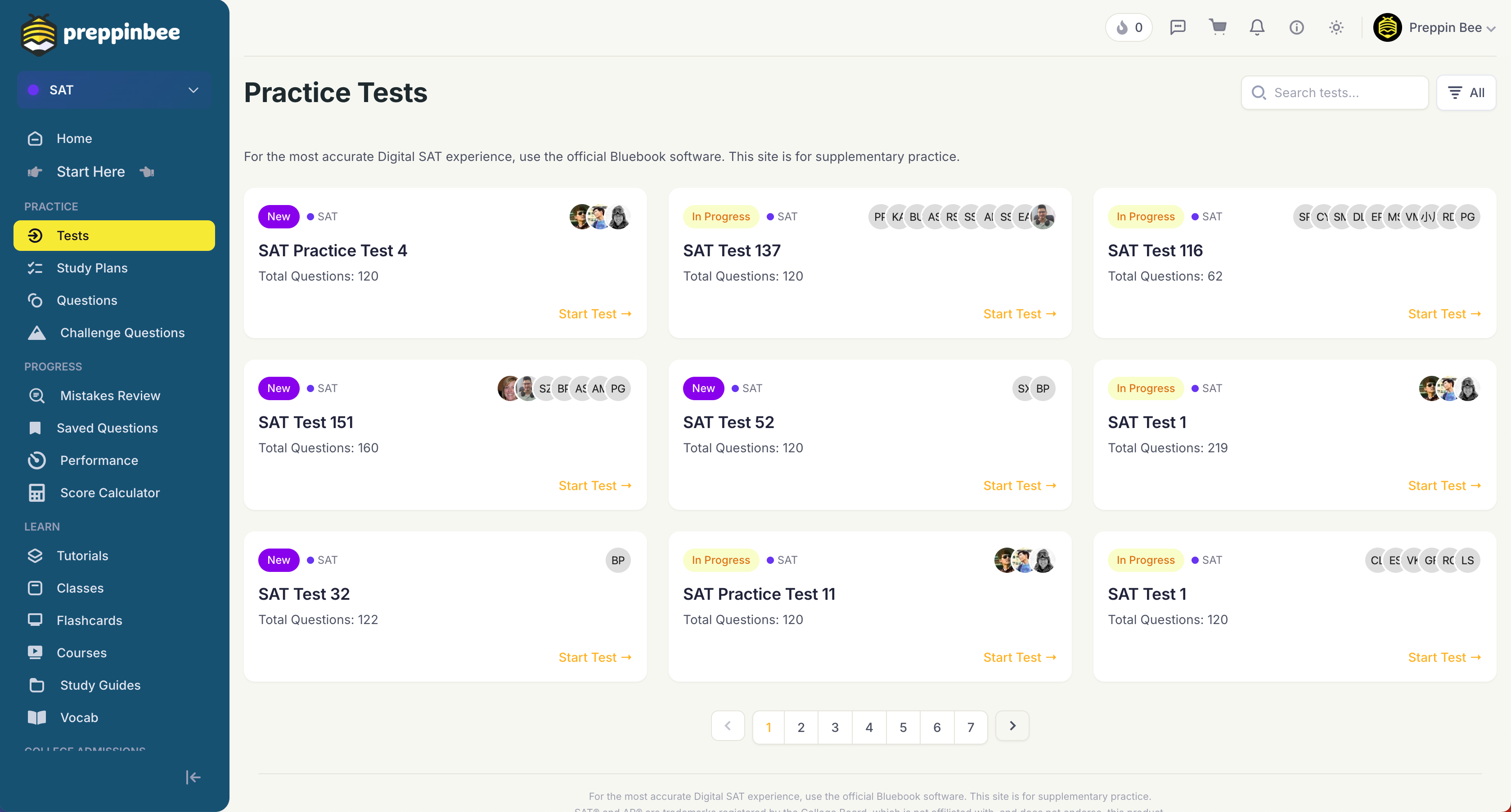 Preppinbee Practice Tests dashboard listing available SAT tests
