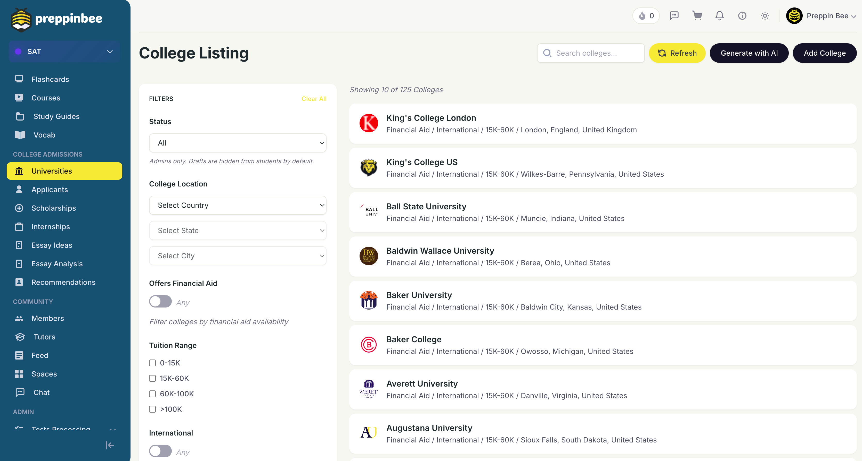 Preppinbee college listing with filters for location, tuition, and financial aid